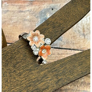 Silver‎ Tone Ring Orange Floral Enamel Rhinestone Accents Size 9 Costume Jewelry